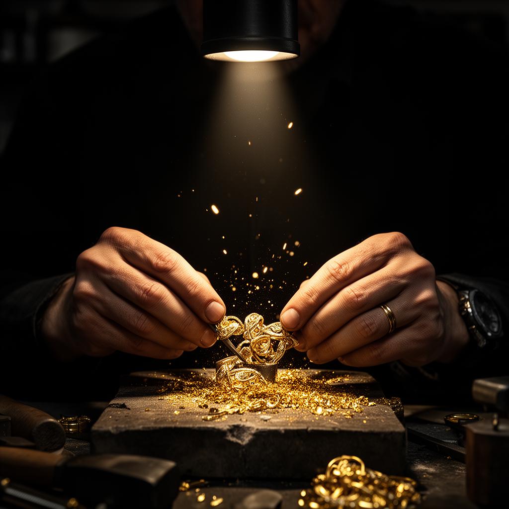 Master jeweler hand-setting precious metals in the Aurum atelier